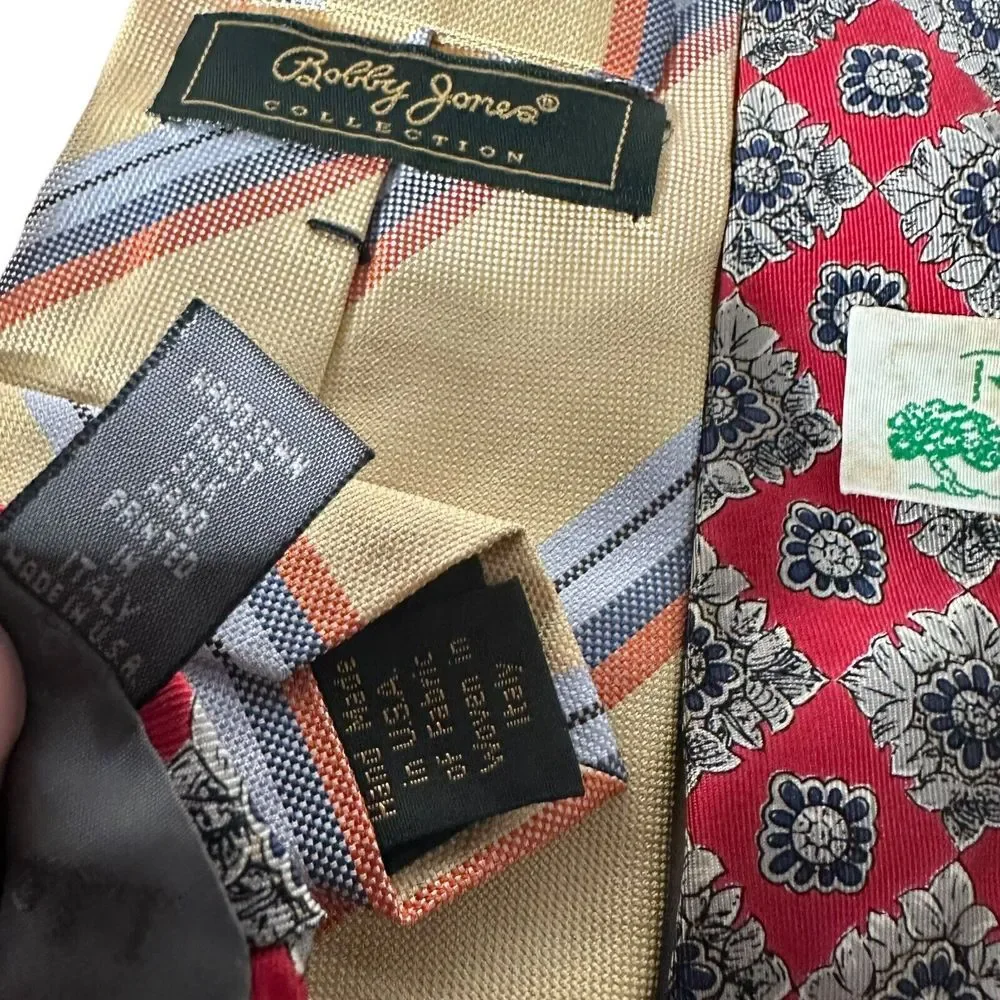 Lot Of 2 Bobby Jones Robert Talbott Neckties Red Floral‎ Print Yellow Striped